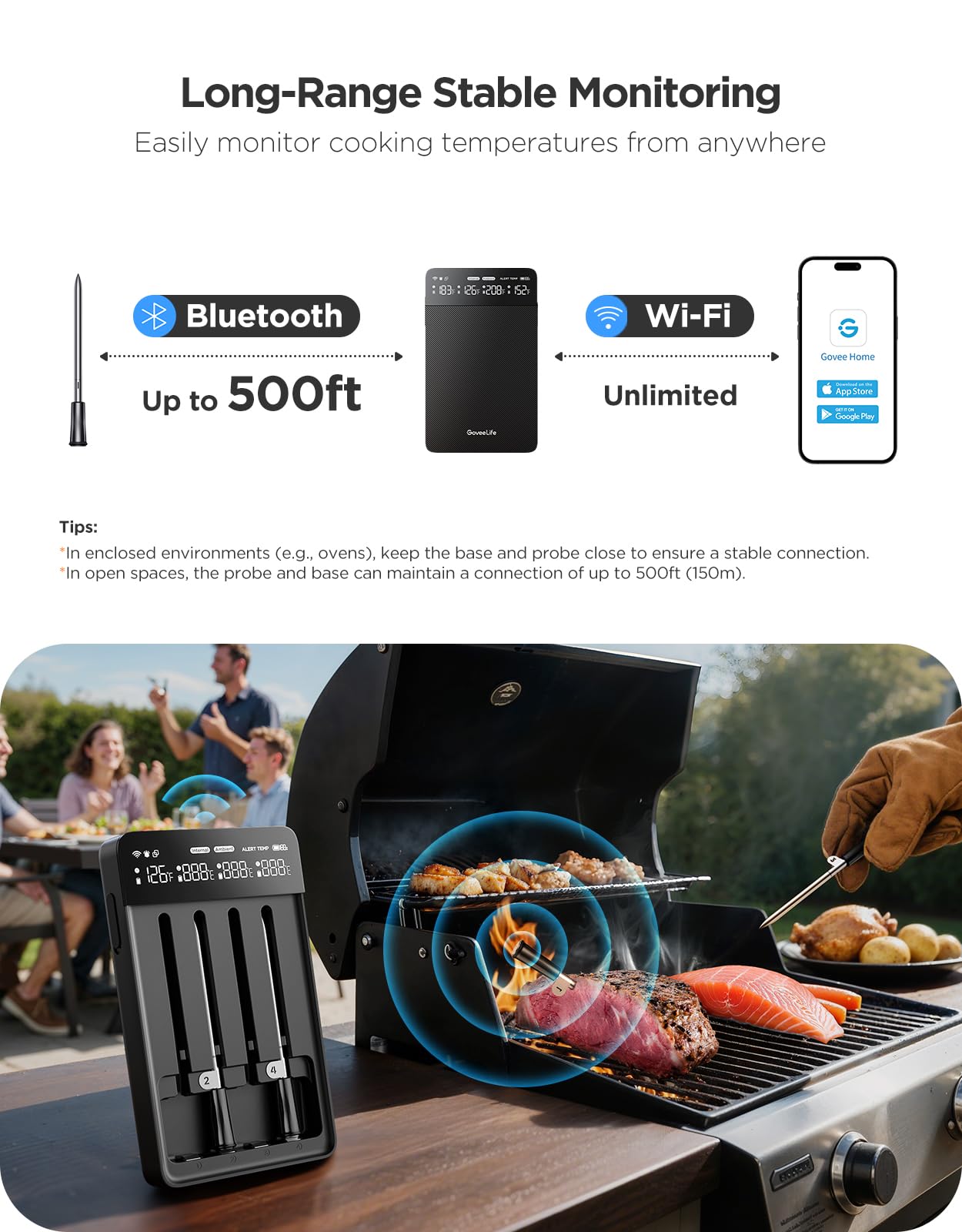 GoveeLife Smart Wireless Meat Thermometer Digital 4 Probes with App Alarm | Stable Bluetooth WiFi Transmission, IP68 Waterproof, Standalone Charge Magnetic Base, Grill Thermometer for BBQ, Smoker, Oven
