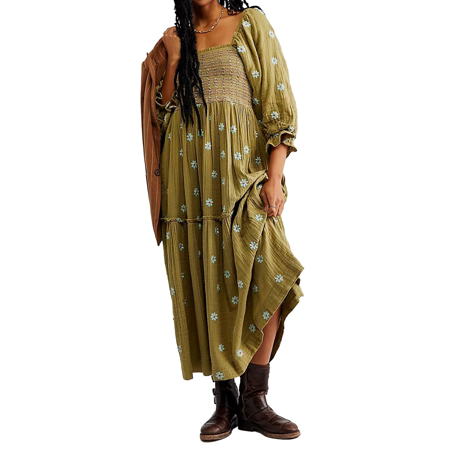 Photo 1 of ABYOVRT Women Floral Embroidered Maxi Dress Long Puff Sleeve Square Neck Bohemian Flowy Dress with Pockets Summer Fall (Green,S)