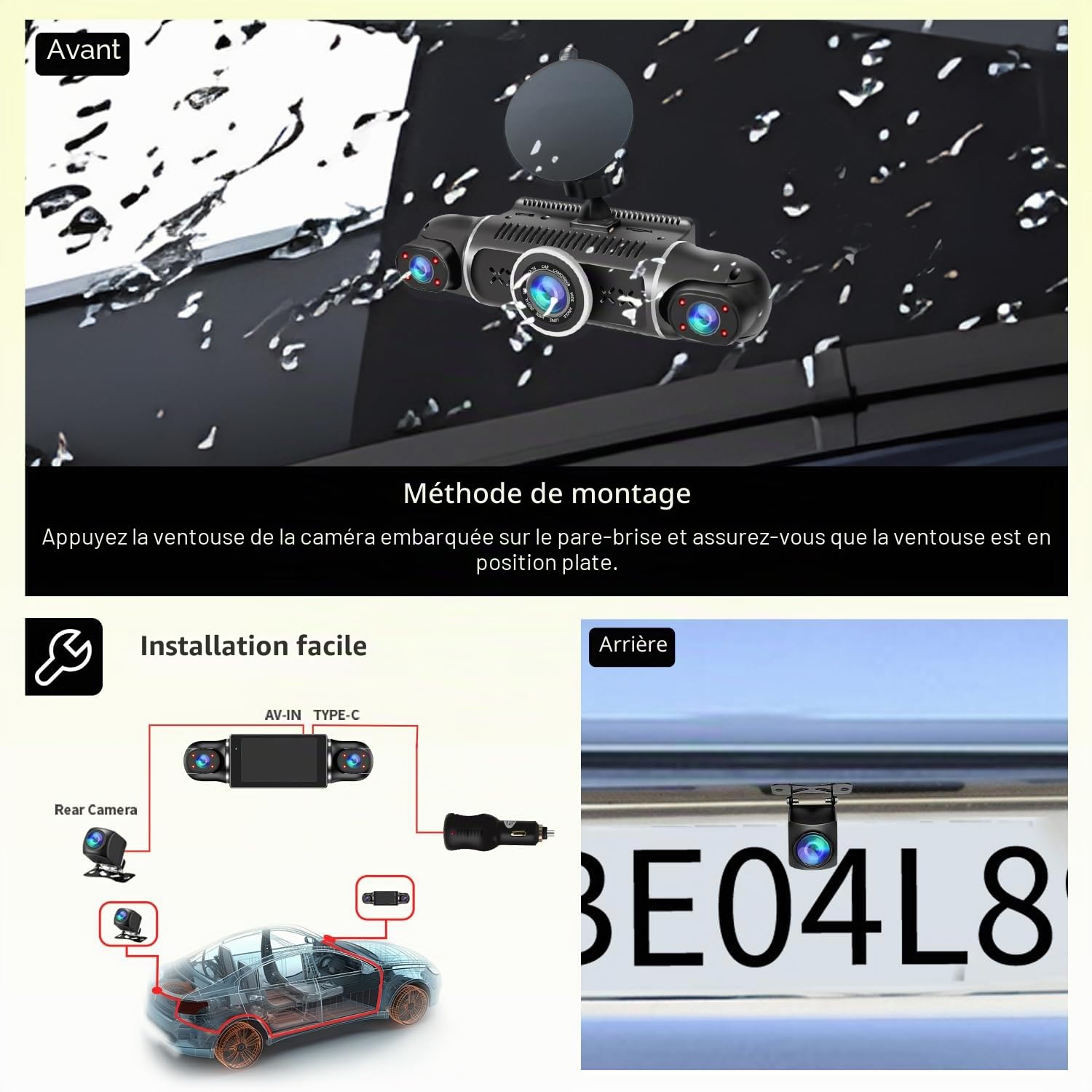 Caméra de tableau de bord 360 ° avant et arrière 4 canaux FHD 4 x 1080p, intérieur/arrière 170° + 2 x 150 ° + 170 ° grand angle, 8 lampes infrarouges, vision nocturne, WiFi 5G, GPS, application