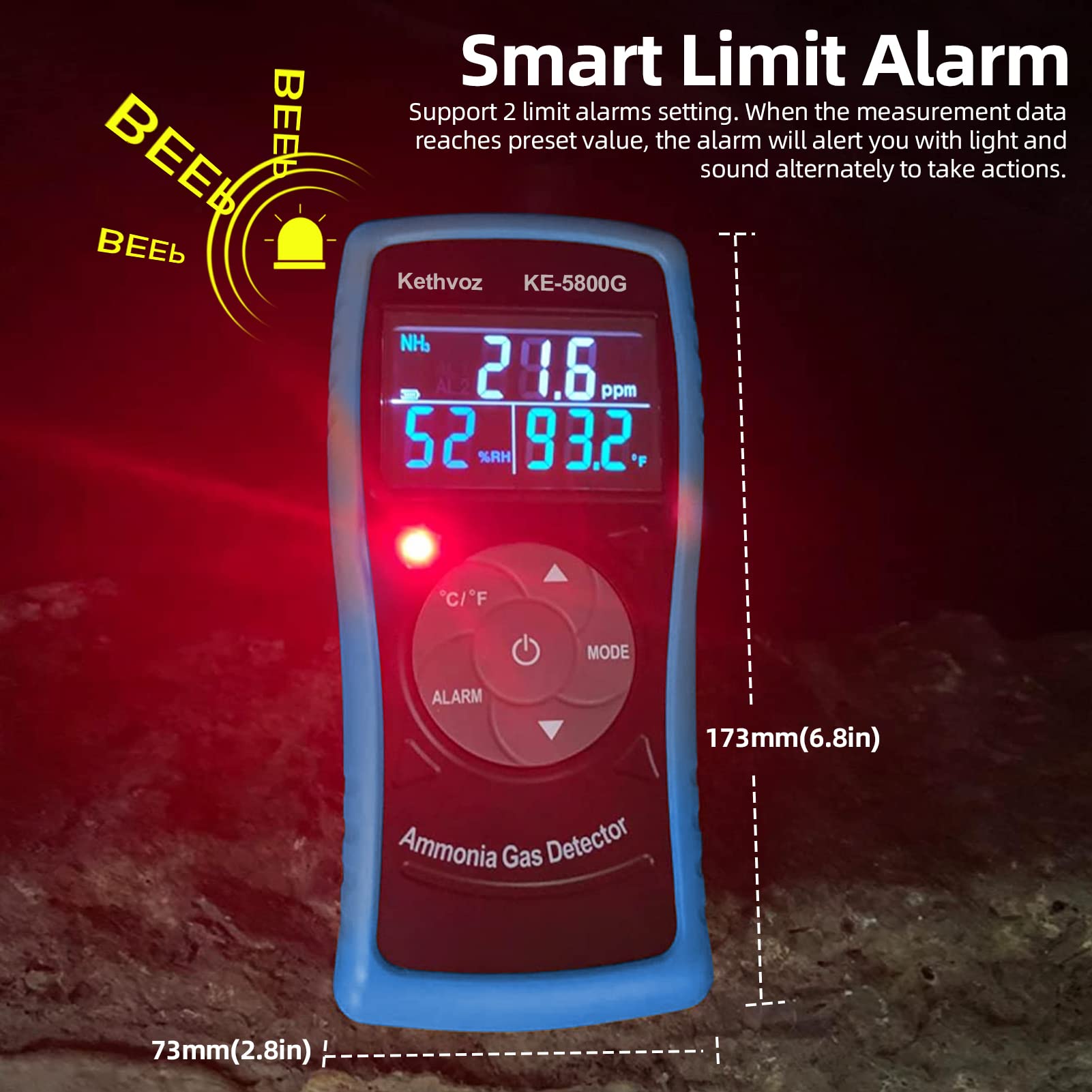 Kethvoz Detector De Gas De Amoníaco, Medidor De Monitor De Calidad del Aire 5800G con Medidor De Temperatura Y Humedad Medida 0~100 PPM Nh3 para Fábrica De Granjas Avícolas De Gallinas