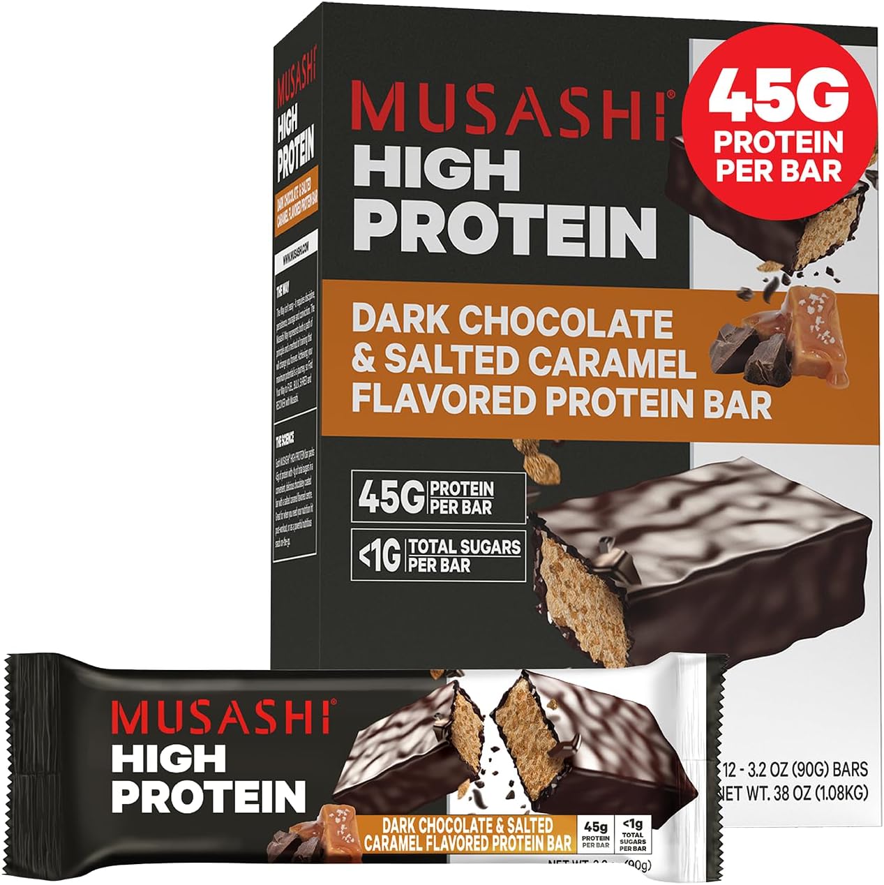 MUSASHI High Protein Bar, 45g Protein, <1g Total Sugars, Dark Chocolate & Salted Caramel, Post Workout and Protein Snack On The Go, 12 Pack of 3.2oz (90g) Bars