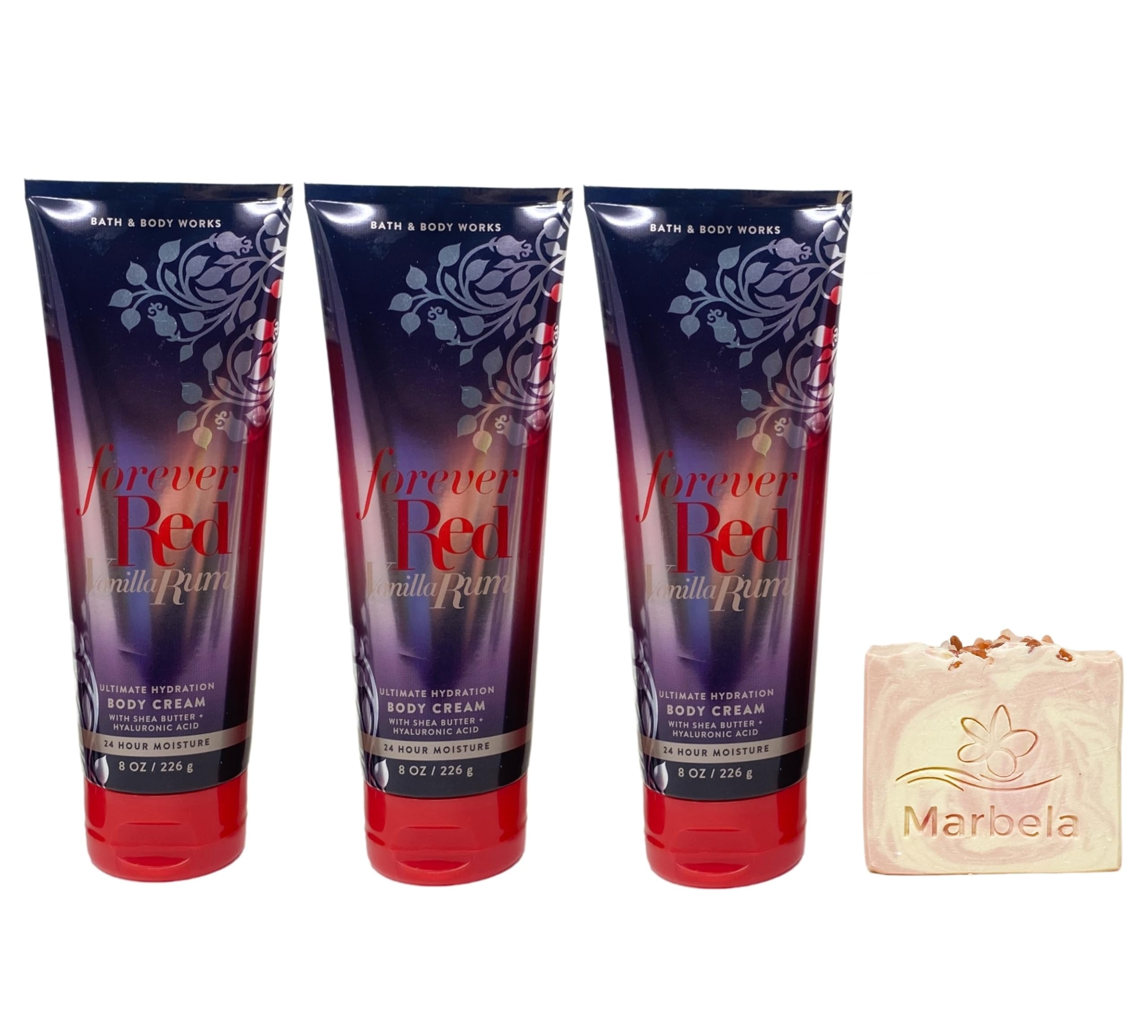 Bath & Body Works Forever Red Vanilla Rum 3 Pack Body Cream Bundle with a Himalayan Salts Springs Bar Soap - Full Size