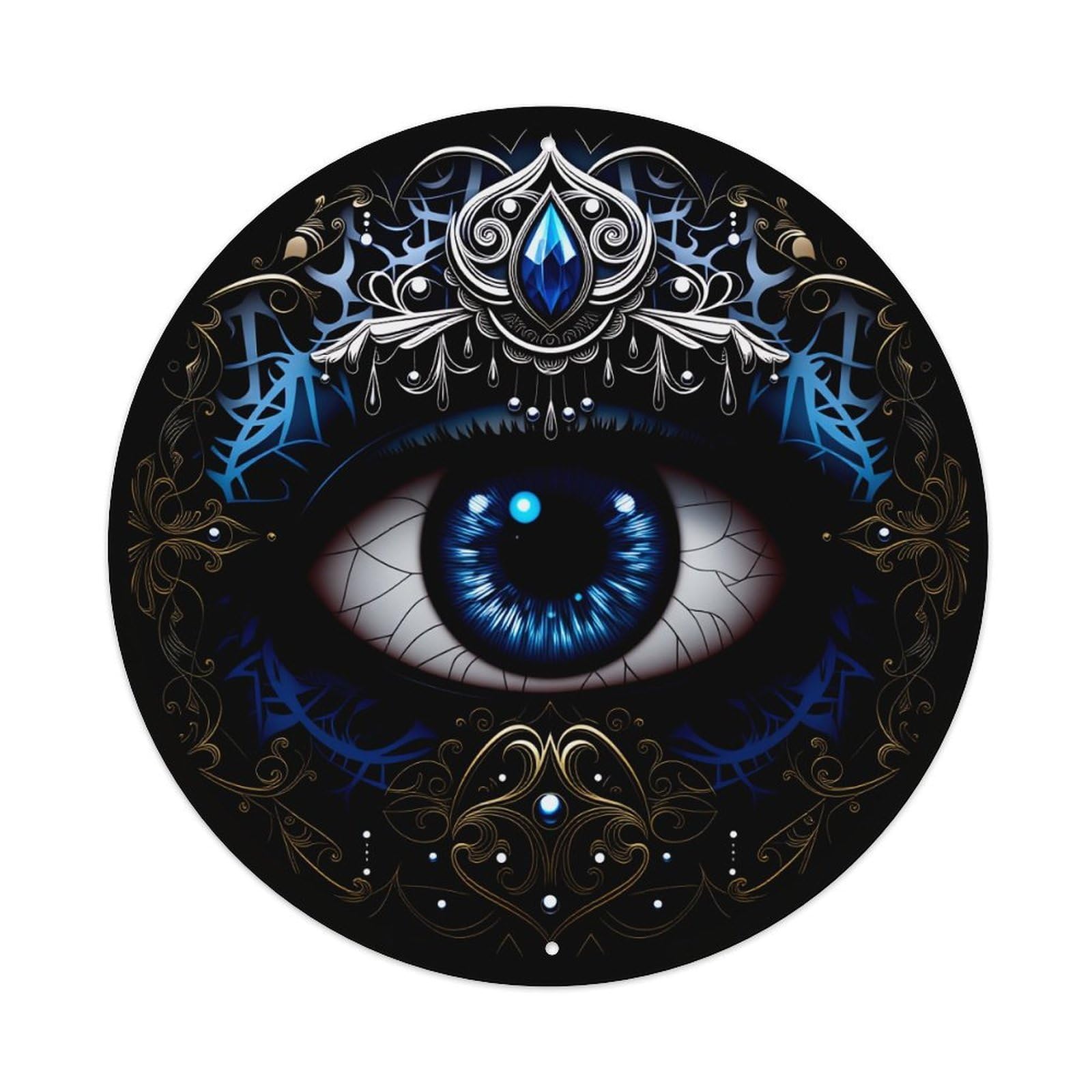 Wmlzdnwr Vintage Mystic Eye With Blue Gem And Ornate Design Round Tin Sign,Retro Wall Art,Metal Poster For Home, Bar, Garage, Cafe, Rustic Indoor & Outdoor Decor, 8X8 Inches