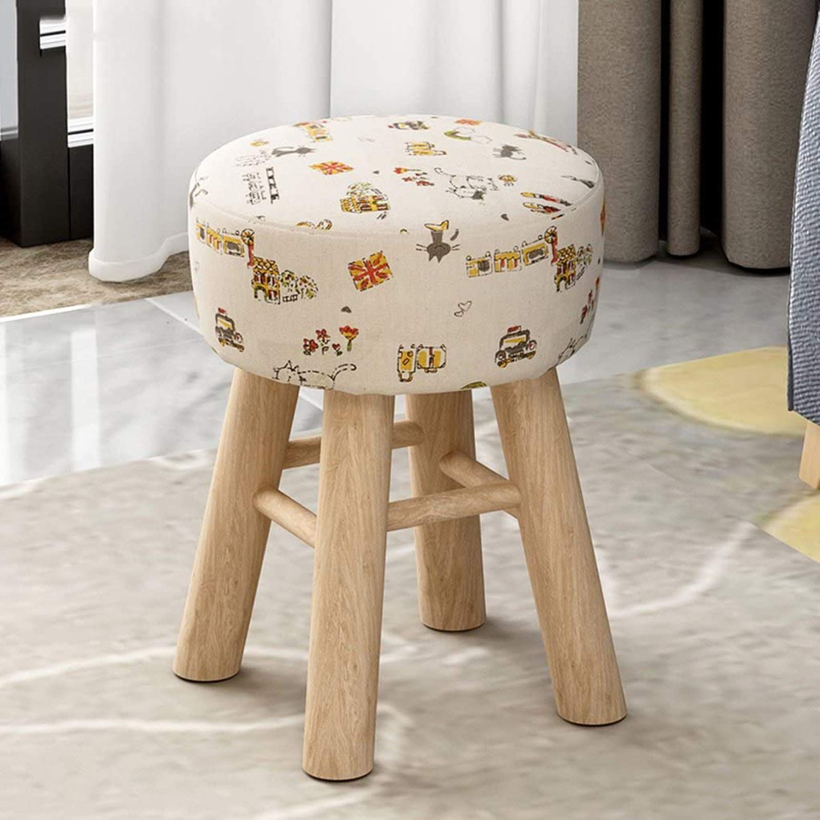 Tabouret ottoman en bois massif, petit banc rond de salon multifonctionnel