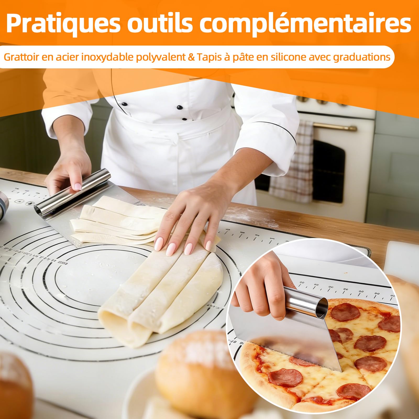 Rouleau a Patisserie en Acier Inoxydable avec 4 Tailles Anneau Réglable - Laminoir Pâtisserie 42 cm, Antiadhésif, Tapis et Grattoir à Pâte, Tous avec Marqueurs de Graduation, Pour Pizza, Pâte, Biscuit