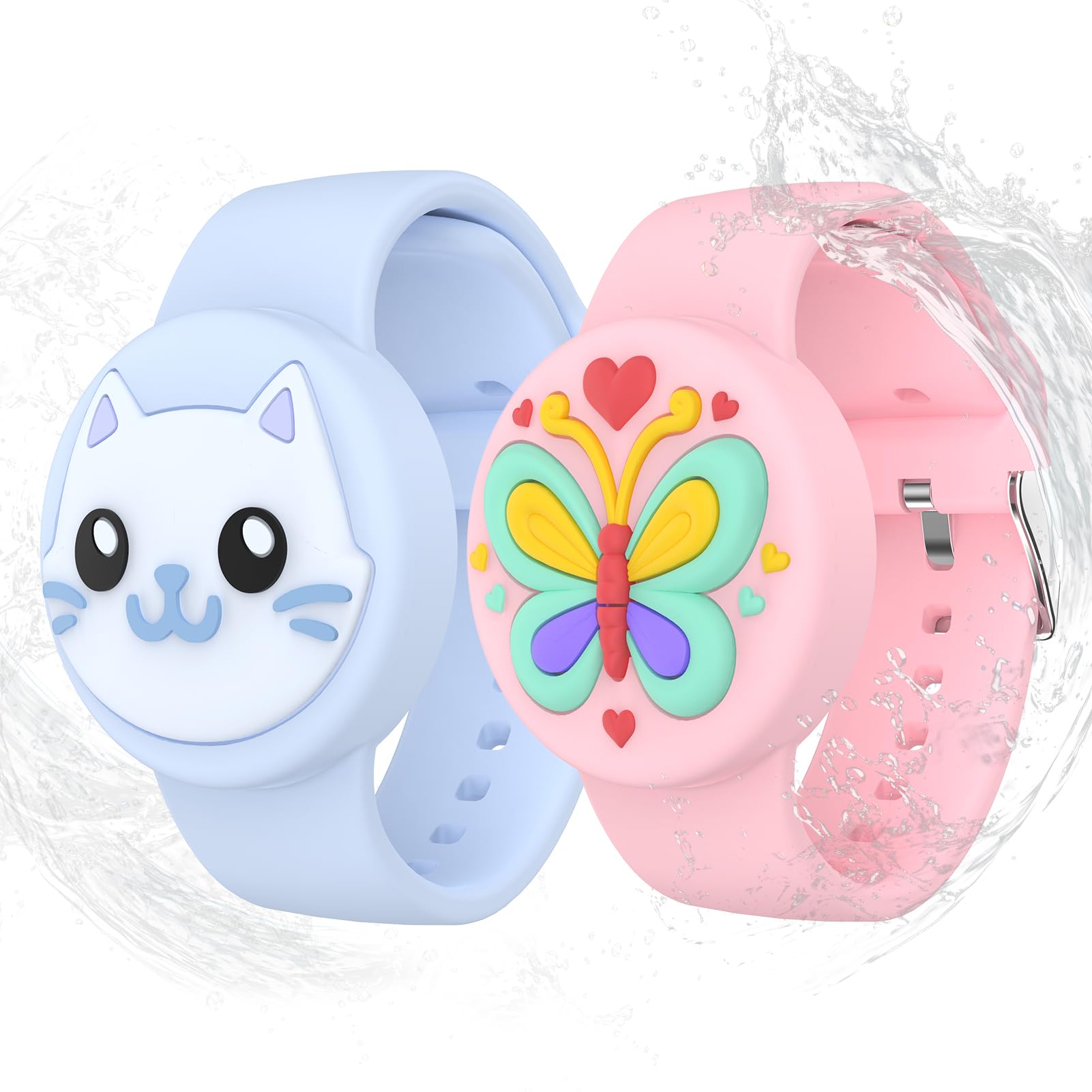 Waterproof Airtag Bracelets for Kids - (2 Pack) Soft Silicone Hidden Airtag Wristband - Lightweight GPS Tracker Holder Compatible with Apple Airtag Band for Child(Butterfly/Cat)