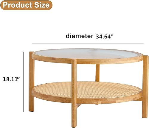 Miniatura 10 de Goujxcy Mesa de centro de ratán natural, mesa de centro rectangular de 2 niveles estilo tronco de 45 pulgadas con mesa de vidrio texturizado y