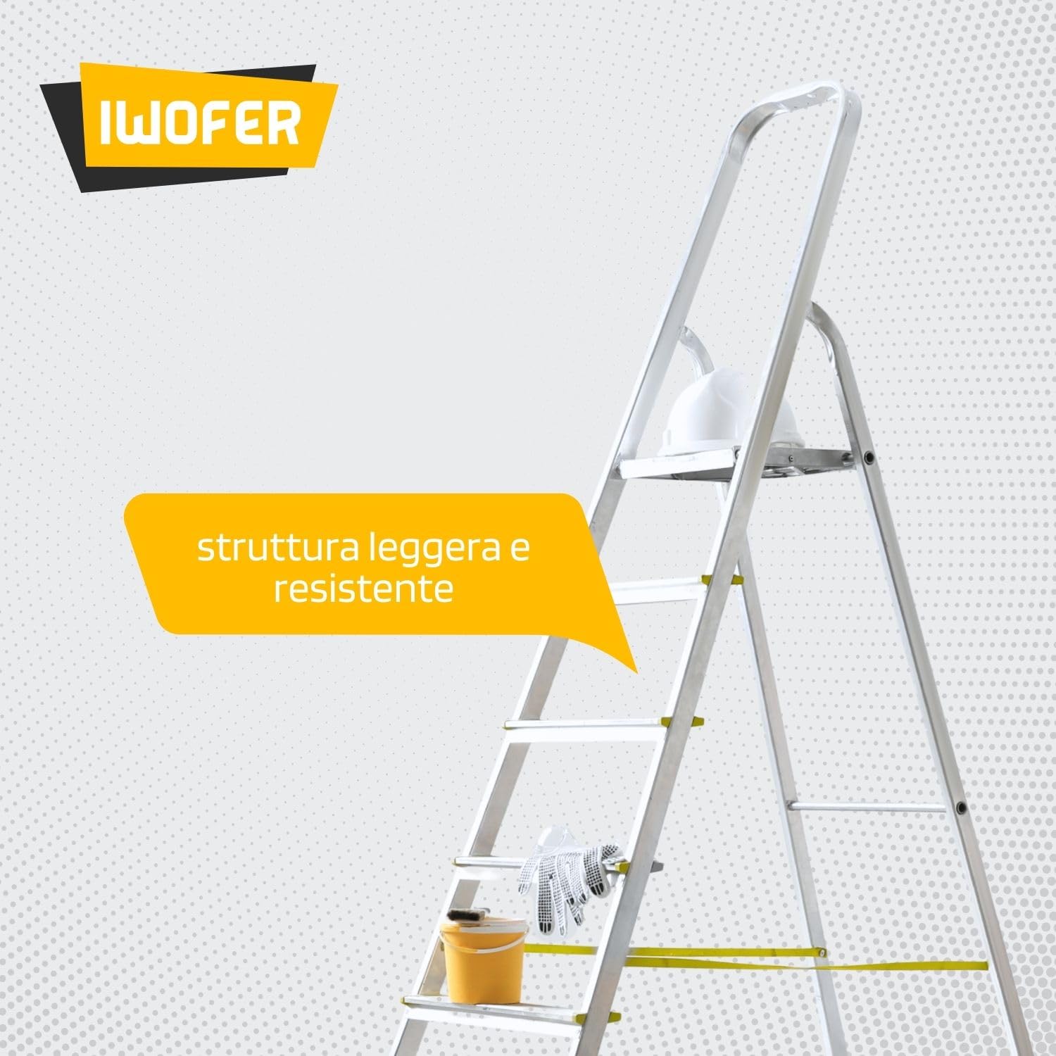 IWOFER Scala Domestica in Alluminio | Antiscivolo con Gradini da 80mm | con Portaoggetti e Blocco di sicurezza | Made in Italy (Giallo, 6)