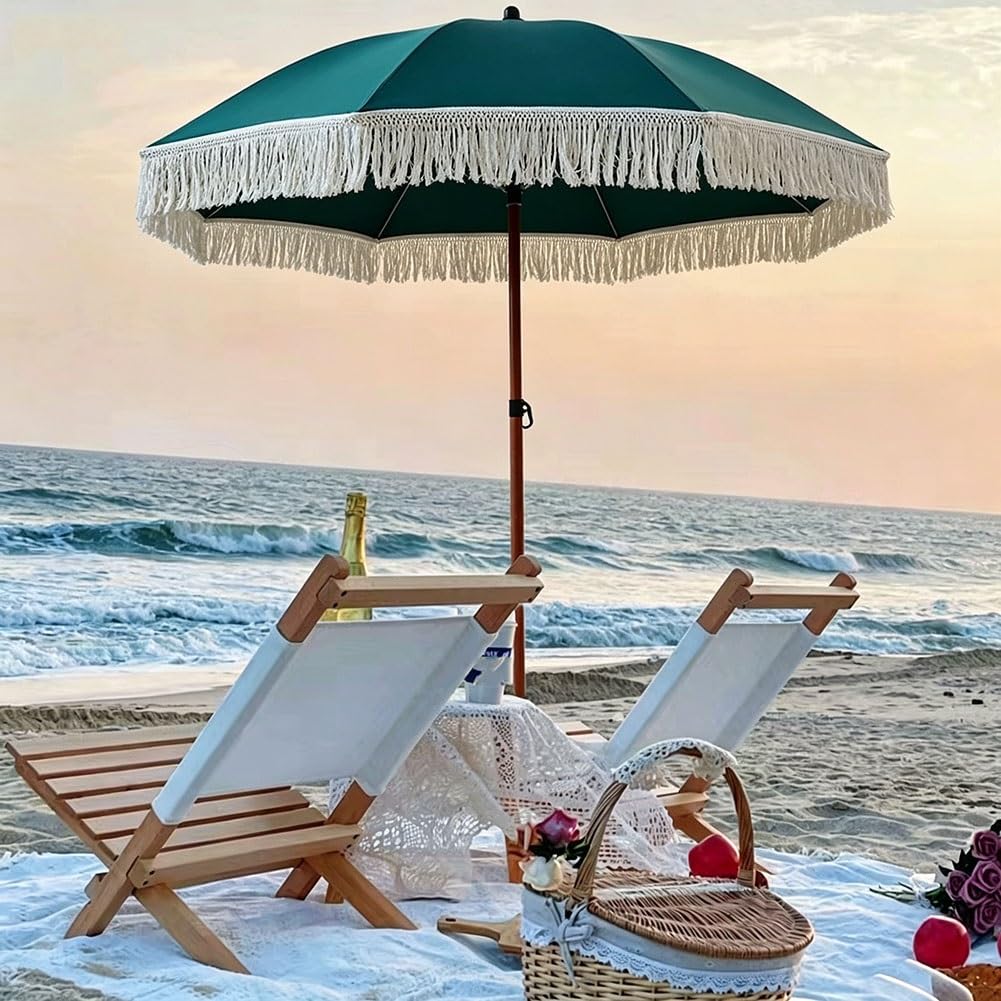Mały Parasol Ogrodowy 180 cm z Frędzlami, Przenośny Parasol Plażowy z UPF 50+ na Plażę, Balkon, Ogród i Kemping