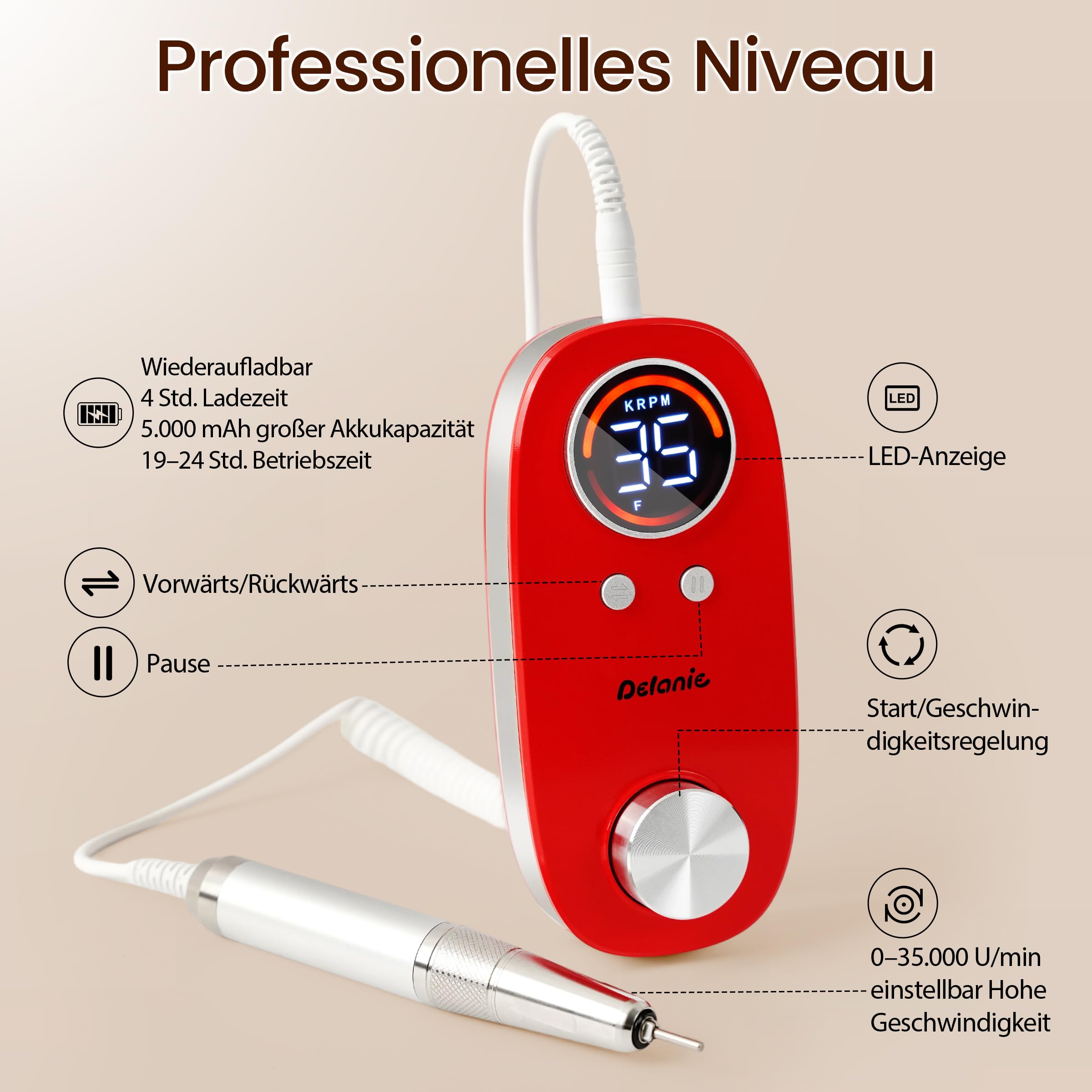 Delanie elektrische Nagelfräser für Gelnägel 35000 U/min, wiederaufladbar Fräser für Nägel mit 5000 mAh Akku, tragbarer Nagelfräser professionell mit kernlosem Motor für Maniküre und Pediküre, rot