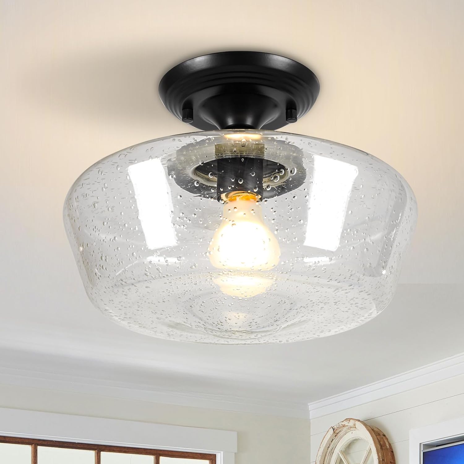 Schoolhouse Style Light Fixture, 12" Black Semi Flush Mount Ceiling Light with Seeded Glass Globe, Close to Ceiling Lights for Kitchen, Hallway, Entryway