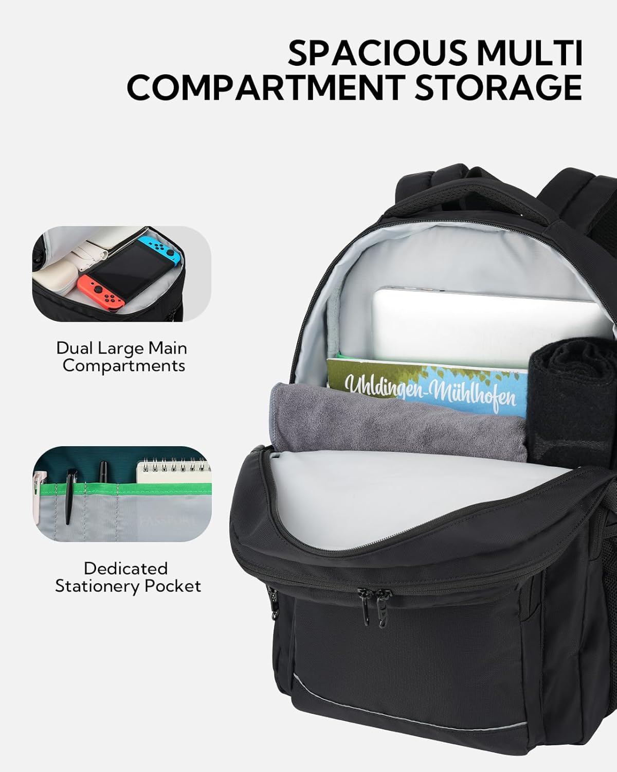 WATERFLY Travel Laptop School Backpack: Big Student College Middle School Bookbag for Women Men, Work Casual Daypack with 15.6" Computer Compartment, Anti Theft Water Resistant Commuter Bag