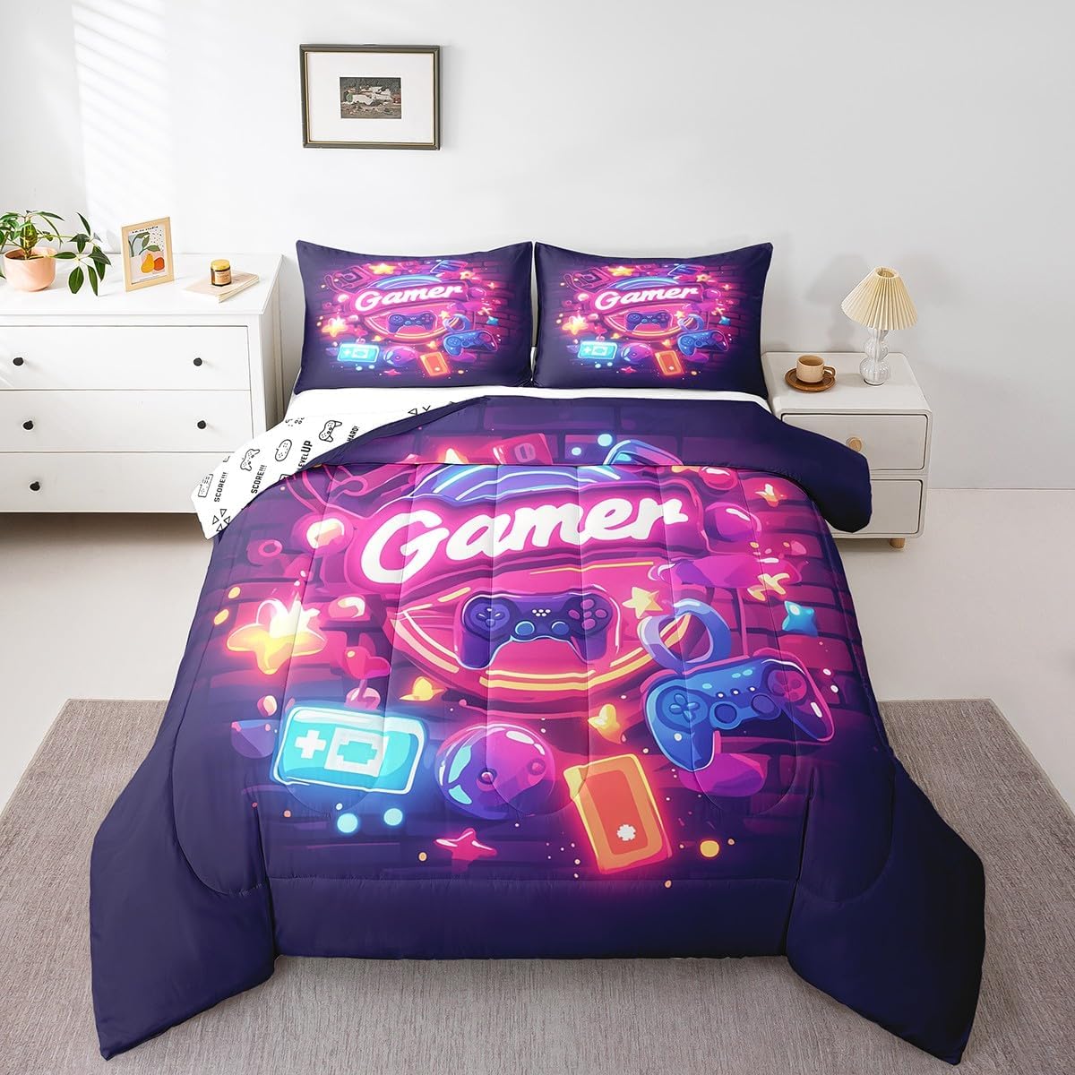 Gamer Neon Style Bedding Set Full Size,Games Equipment Gaming Theme Comforter Set for Teens Boys Adults Room Decor,Hippies Video Games Duvet Insert 3Pcs,Colorful Gaming Quilt Set,2 Pillowcases image 5