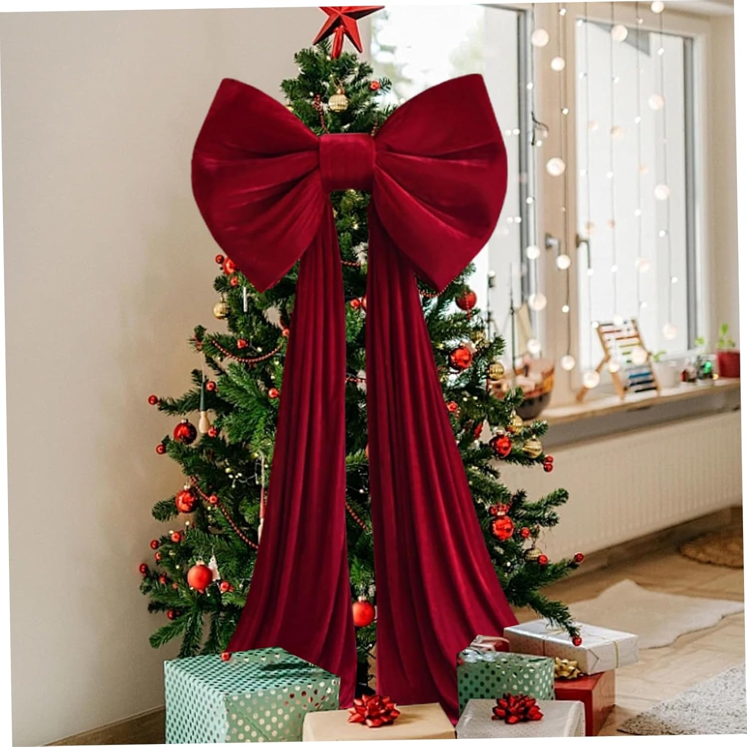 Christmas Tree Topper Bow 149.6x31.5 Inch Extra Large Red Bow Tree Topper Decorative Ribbon Tie for Wedding Christmas Birthday Party Room Wall Backdrop