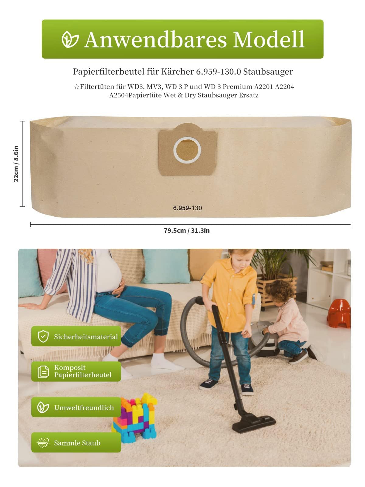 Sacchetti Aspirapolvere Karcher 6.959-130.0 - Confezione Da 5 Pezzi Per Modelli WD3, MV3 E Altri - Foto 12