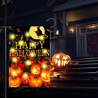 Halloween Lighted Garden Flag Double Sided Halloween Pumpkin Garden Flag Buffalo Check Burlap Halloween Yard Flag for Garden Patio Lawn Outside Halloween Decorations Garden Decor 12x18 Inch