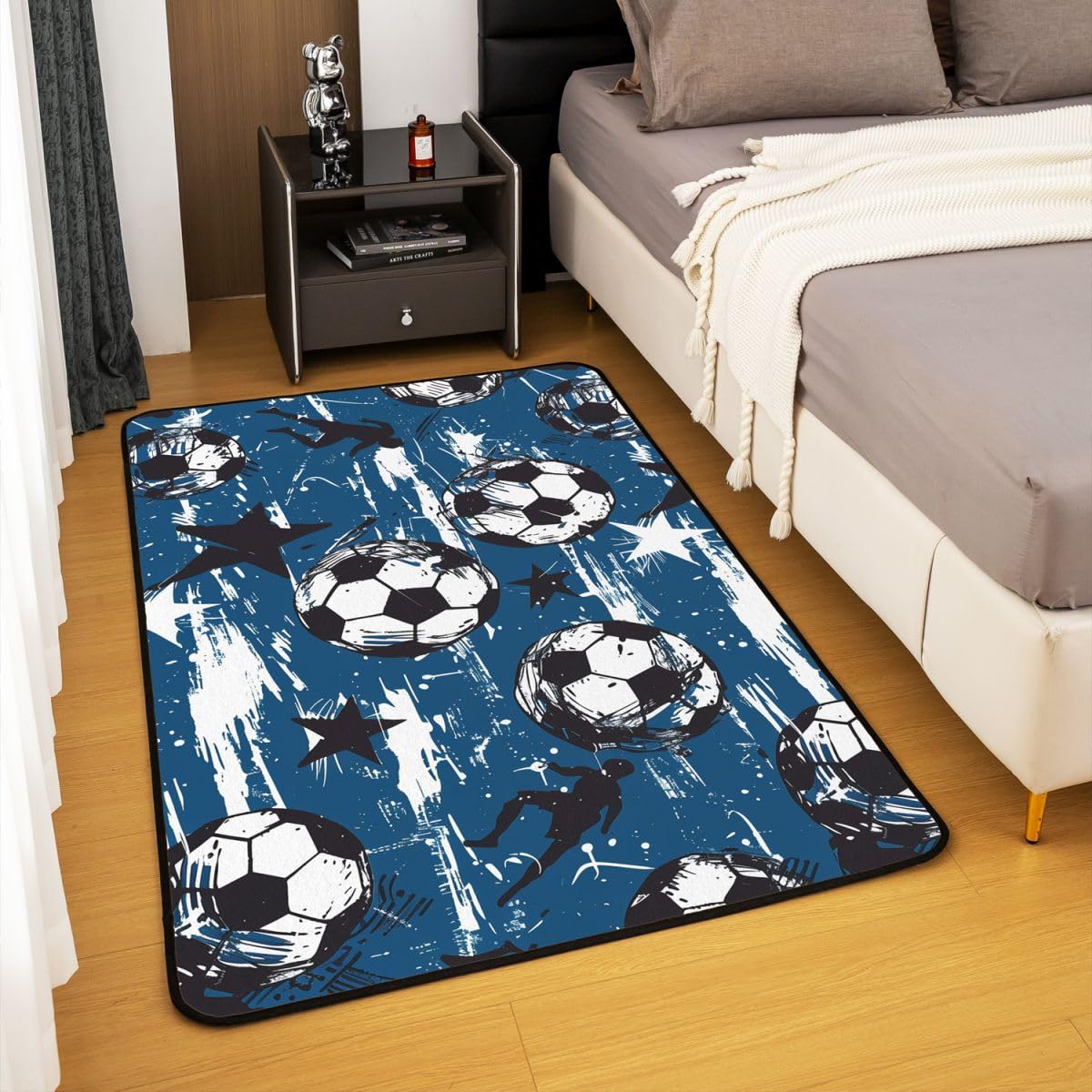 Fußball Drucken Wohnzimmer Teppich 100x150cm Schwarz Weiß Einfaches Fußball Sport Theme Schlafzimmerbereich Teppich für Kinder Teens Geometrische Sterne Weiß Graffiti Blau Indoor Matte Heimdekor