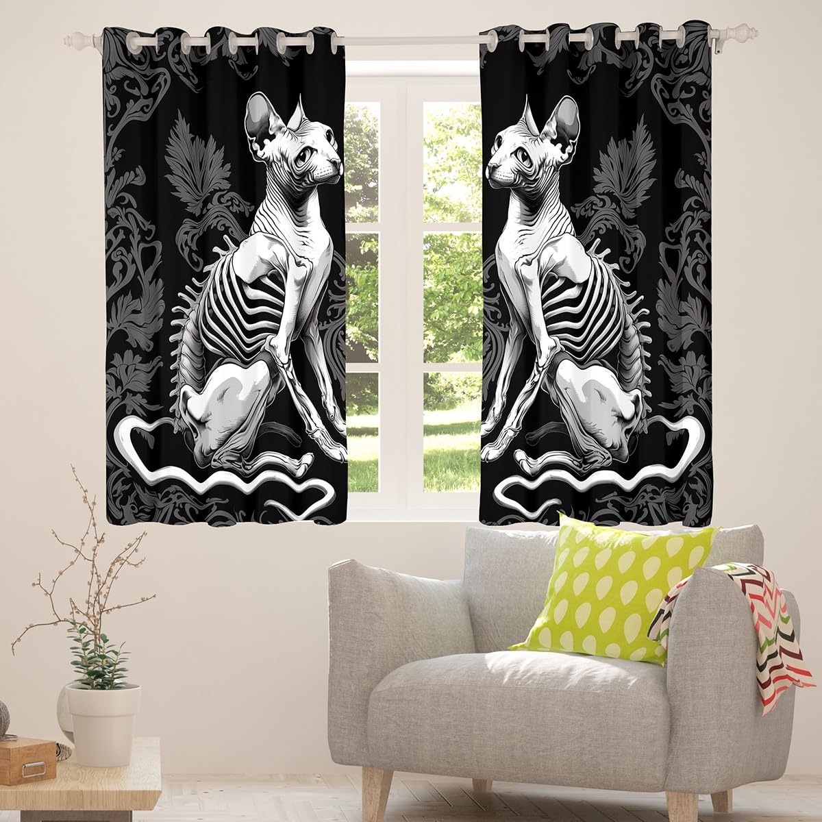 Homewish Zasłony okienne na Halloween, 117 x 183 cm, 2 panele – gotyckie zasłony zaciemniające z czaszką, czarne zasłony okienne, vintage, gotycka dekoracja do sypialni