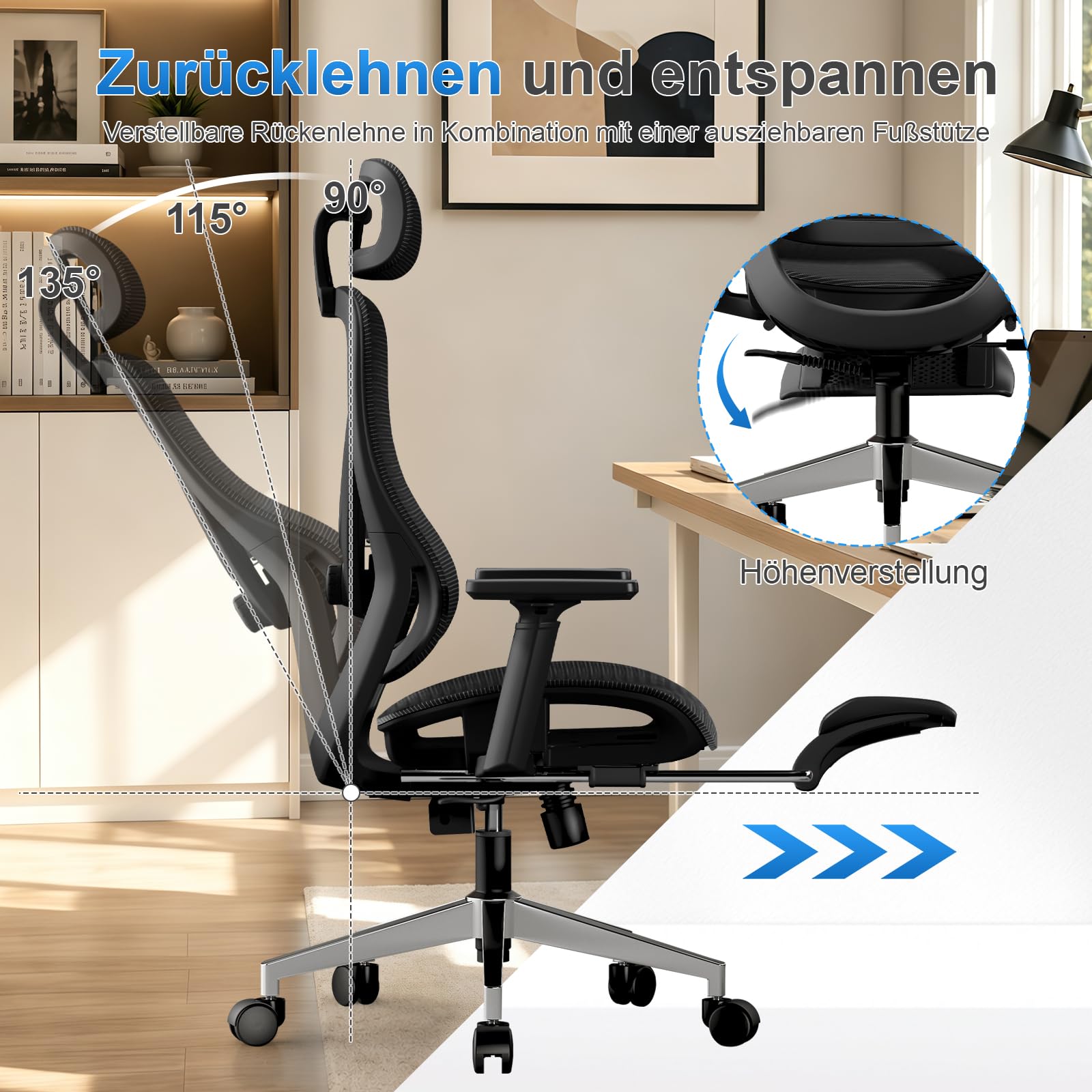 Ergonomischer Netz-Bürostuhl mit Verstellbarer Lendenstütze und Fußstütze, Schreibtischstuhl mit drehbaren Armlehnen und Kopfstütze, neigbarer Computerstuhl für Homeoffice und Gaming, Schwarz