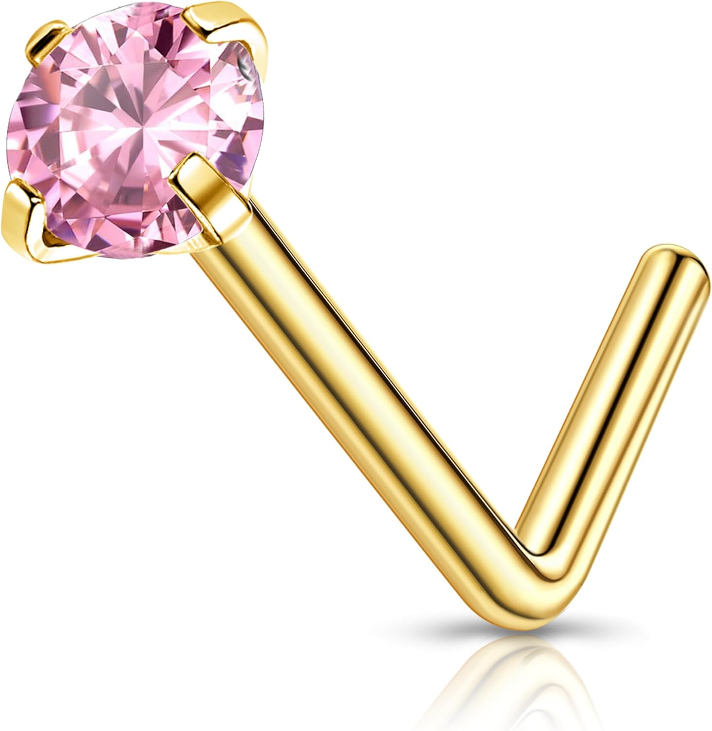 2mm 14k Gold Plated G23 Titanium L Shaped Nose Rings Studs for Sensitive Skin Hypoallergenic 20g Round Cubic Zircon Handmade Titanium Thin Nose Rings L Shaped Nose Piercings Studs for Women