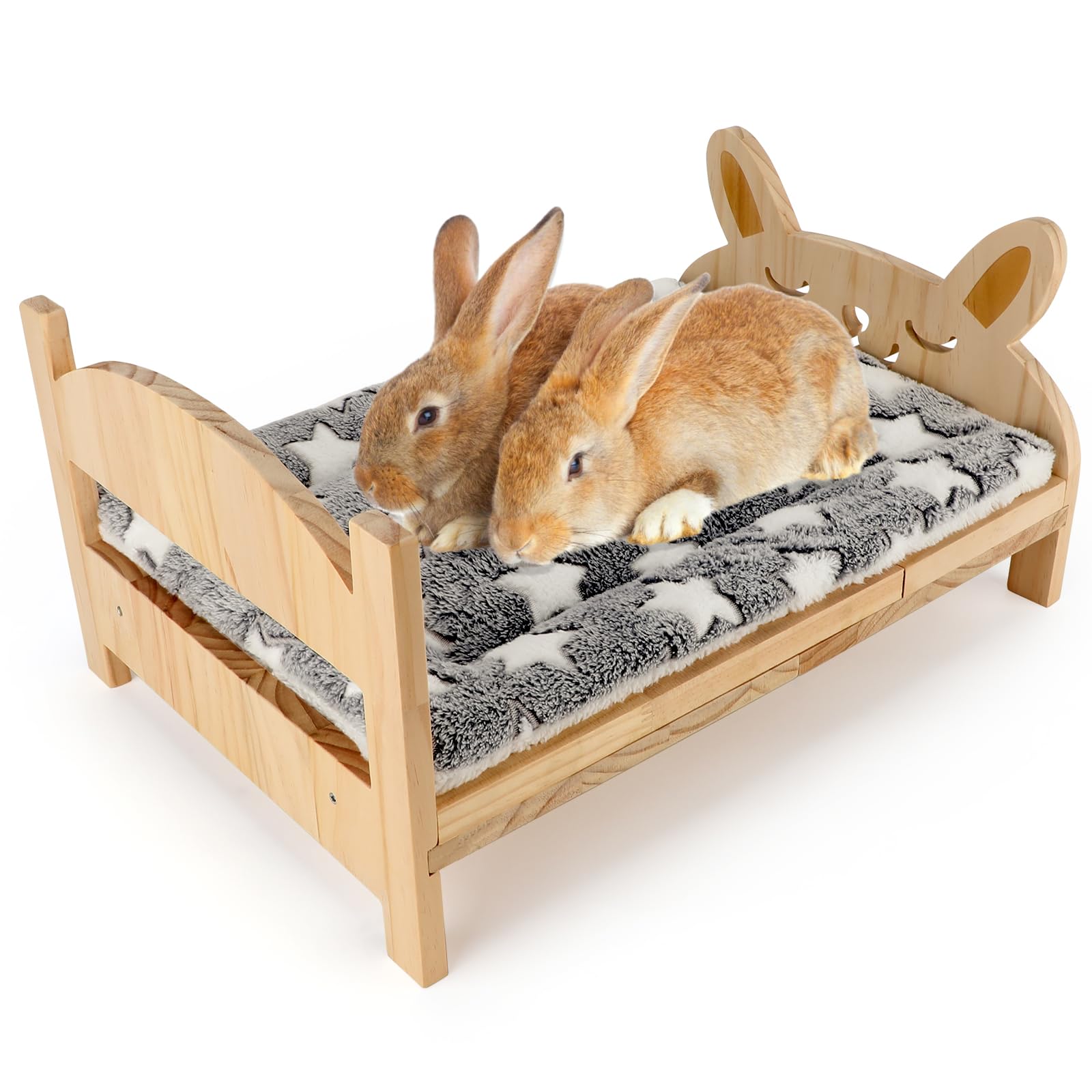 Large Wooden Rabbit Bed with Soft Mat, 2 in 1 Folding Pet Bed for Rabbit Guinea Pig Hamster Ferret Chinchilla Kitten Puppy Sleeping, Detachable Small Animal Bed, Wood Rabbit Habitat