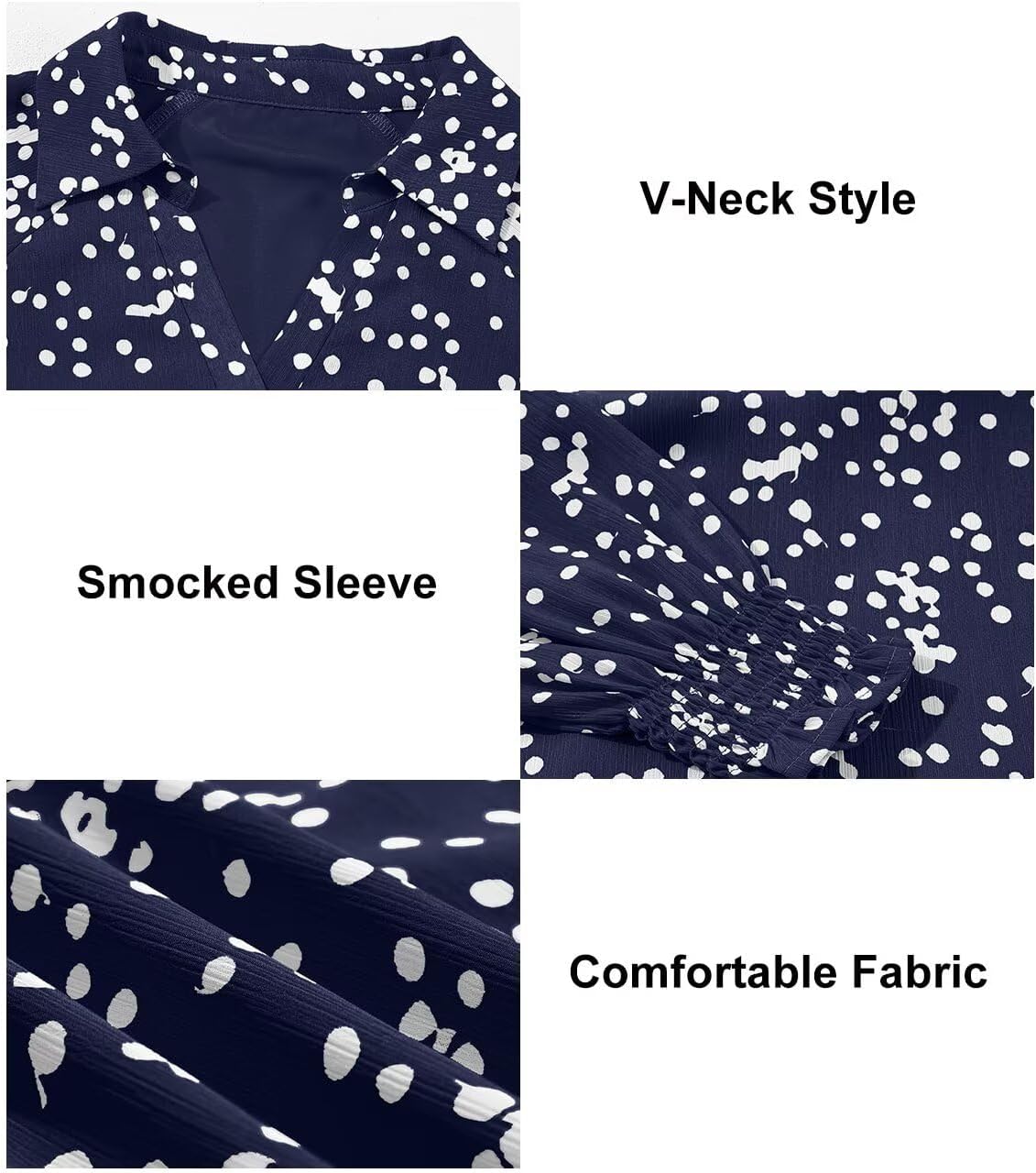 Astylish Women's Summer Polka Dots Smocked Long Sleeve Tops Dressy V Neck Comfortable Shirts Professional Blouses Casual Chiffon Tunic Clothes Dark Blue Small - Image 6