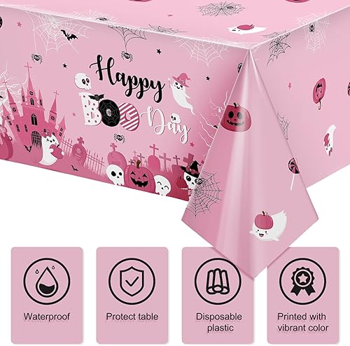 Miniatura 3 de Mantel de plástico para Halloween, 3 piezas, color rosa, para Halloween, decoración de fiesta de fantasma, calabaza, para dulce o truco, baby