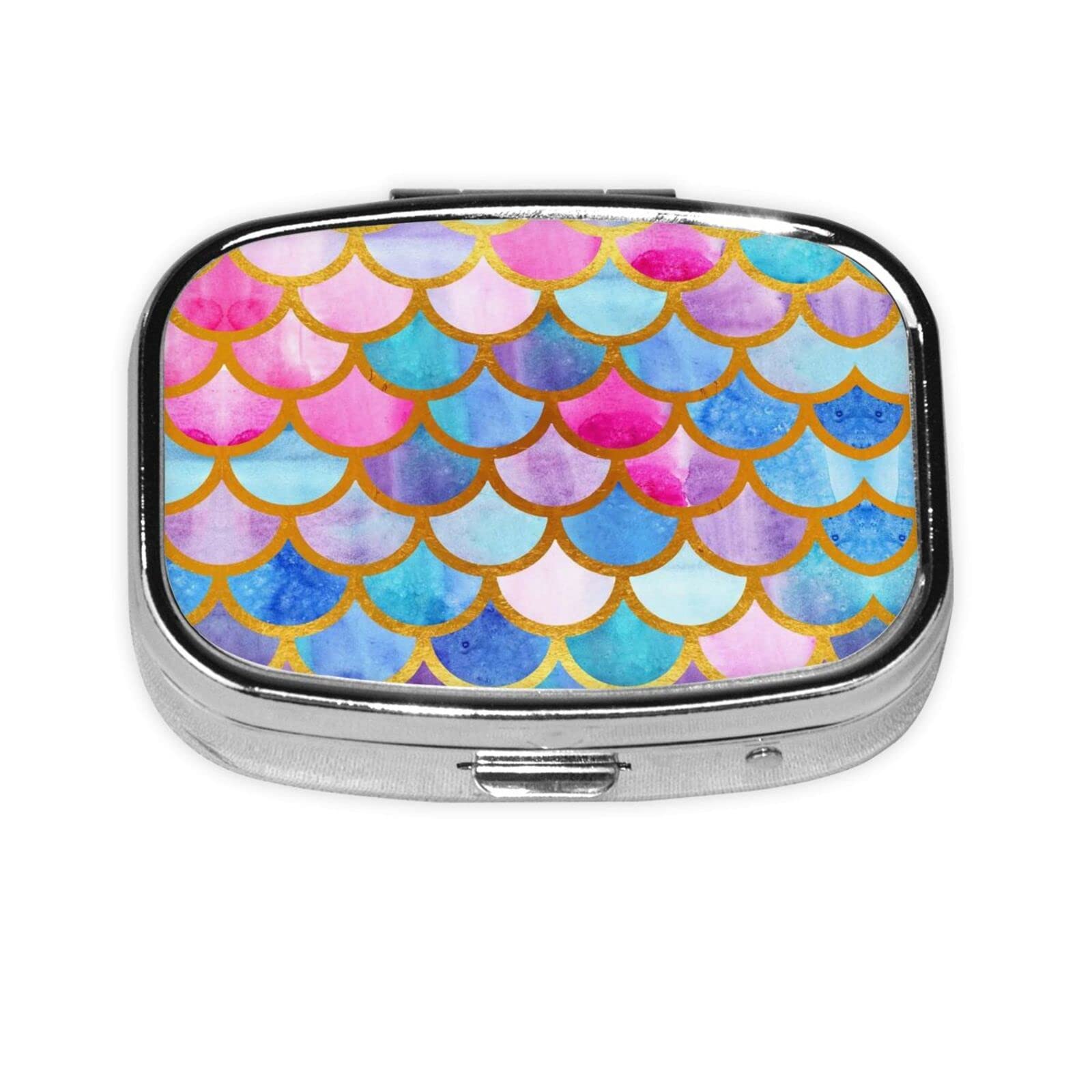 Mermaid Scale Pink Pill Box for Women Men 2 Inch Square Travel Metal Pill Box for Pocket Wallets Purse Daily Portable Large Compartments Storage Pill Box Personlized Lids