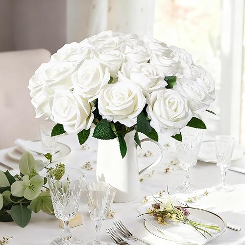 Miniatura 5 de 52 rosas blancas artificiales con tallos, ramo de rosas falsas a granel, rosas de terciopelo de seda para centros de mesa de boda, baby shower,
