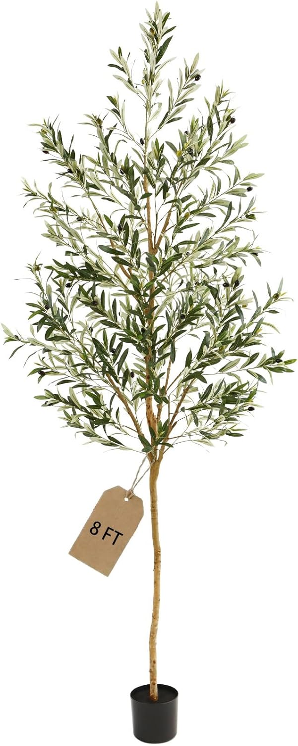 8FT Olive Trees Artificial Indoor,Fake Olive Tree with Natural Wood Trunk and Olive Branches and Lifelike Fruits,Faux Olive Tree for Home Office House Living Room Decor.