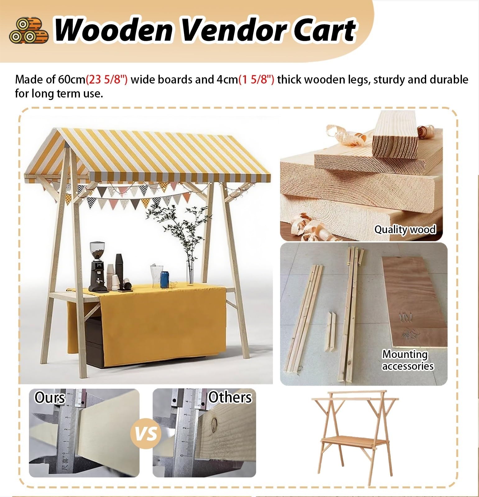 Marktstand Verkaufsstand Eiswagen aus Holz, Faltbarer Marktständer mit Dessertwagen, Tragbarer Imbissstand für Gewerbe, Partys und Den Einzelhandel(White,Width 150cm (59"))