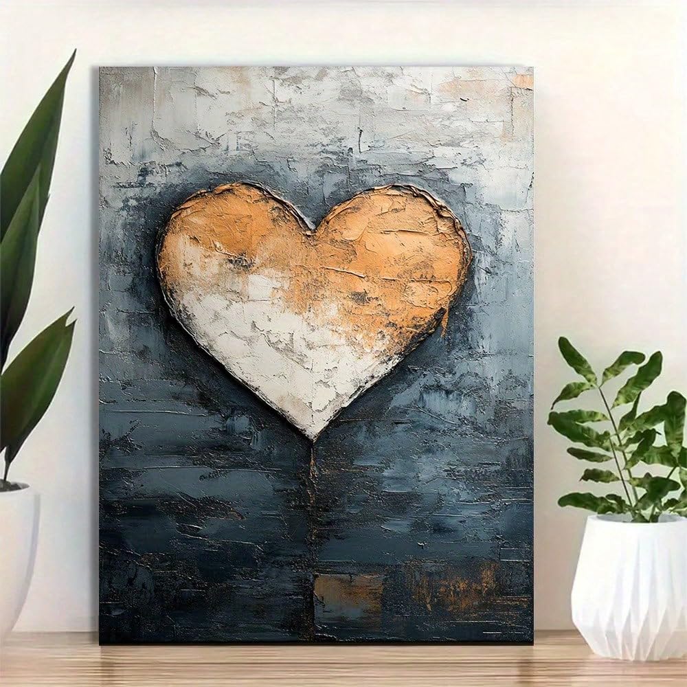 IXEHOH Tableau Coeur Toile Murale Abstrait Or et Gris Peinture Texturée Art Mural Vertical pour Chambre Salon Déco Romantique Esthétique Tableaux Muraux Images Déco Posters et Gravures 70x100