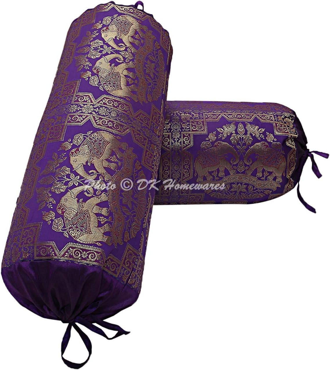 Ethnic Living Room Decorative Bolster Yoga Rectangle Pillow Cover Cylindrical Hotdog Purple Tube Jacquard Brocade Silk Elephant Traditional Throw Pillowcase 76x38 cm - Set of 2 Pcs