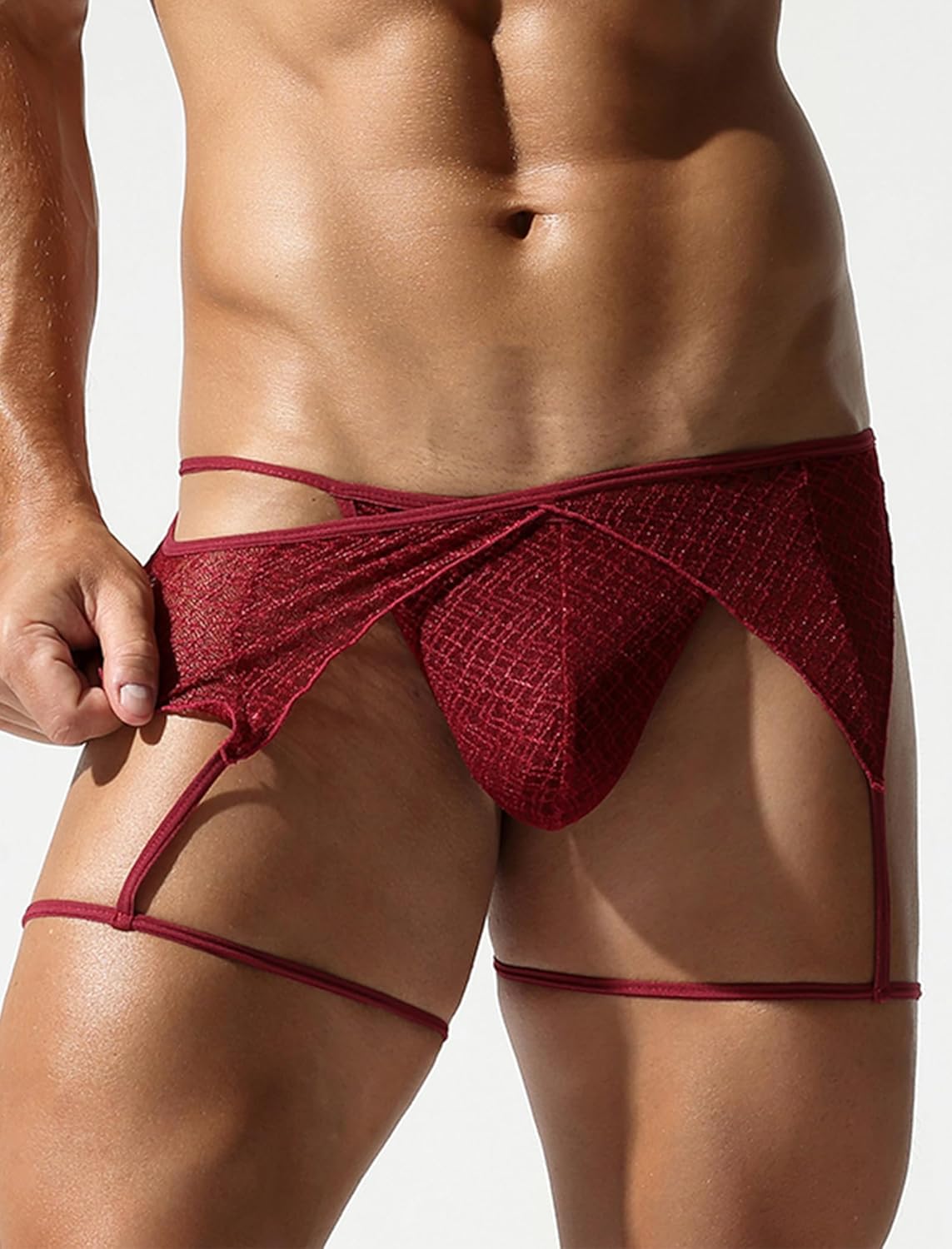 ABAFIP Men's Sissy Lingerie Sheer Mesh G-string Thong Lace Panties with Garter Band Crossdresser Underwear - Image 2