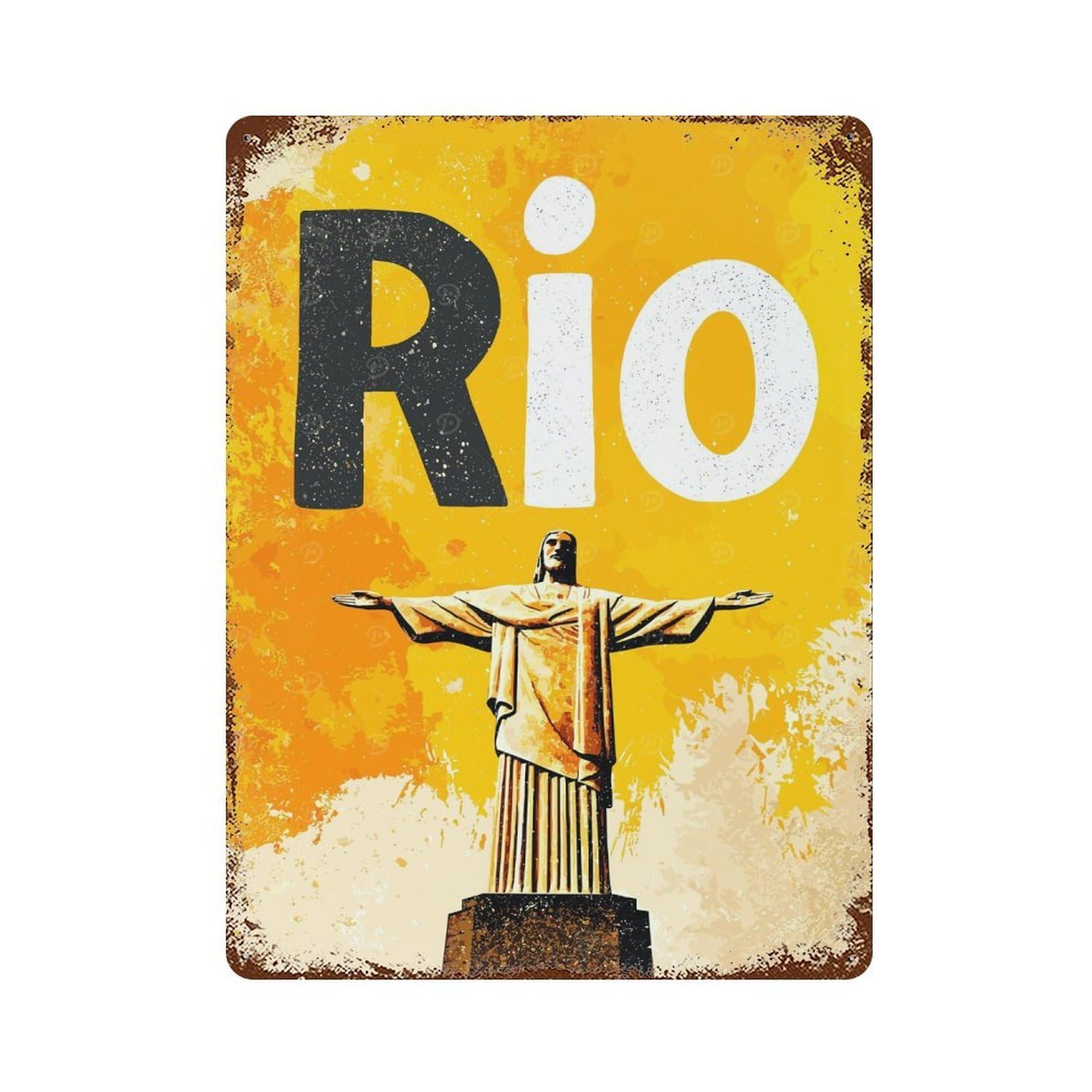 Garage Style Rio De Janeiro Christ The Redeemer Aged Metal Wall Plaque 15.7"x11.8", Vintage Wall Decor for Bar And Workshop