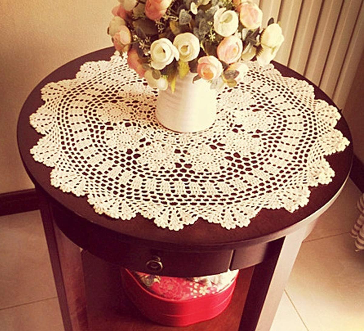 Damanni Beige Cotton Handmade Crochet Lace Tablecloth Doilies Table Overlay,Round,19 Inch,2PCS