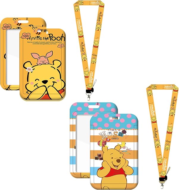 2Pcs Winnie The Pooh ransparent Badge Holder ZHULIA- Lanyard with Badge Detachable Winnie The Pooh Lanyard Card Holder for ID Card ID Card Keys Tickets, Office School Supplies,Bus Card