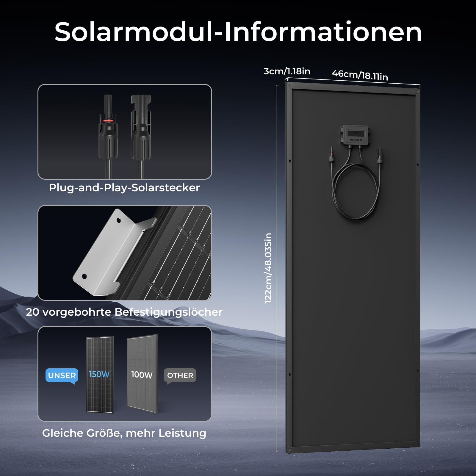 Solarpanel 300w, 2 x 150w Hohe Effizienz Monokristalline Solarmodul, Aluminium Frame Solar Panel, 12V/24V PV Modul Ideal for balkonkraftwerk, Hausdach