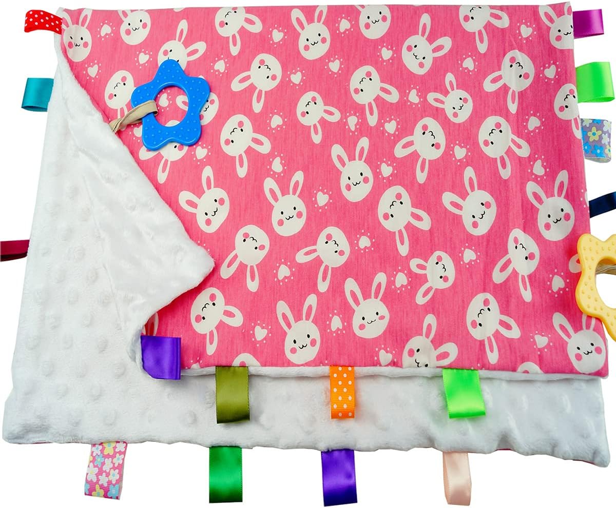 1Pc White Rabbit Tag Baby Blanket, Large Soft Security Taggy Blanket, Comfort Lovie Blanket for Infant Toddler, 21.7x17.7 Inch