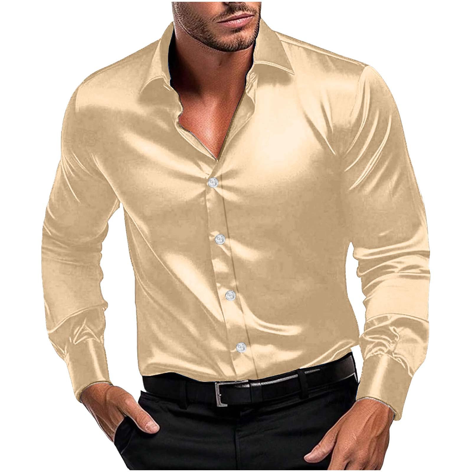 Men Long Sleeve Satin Dress Shirt Shiny Embroidery Silk Like Button Down Casual Luxury Prom Wedding Party Disco Solid