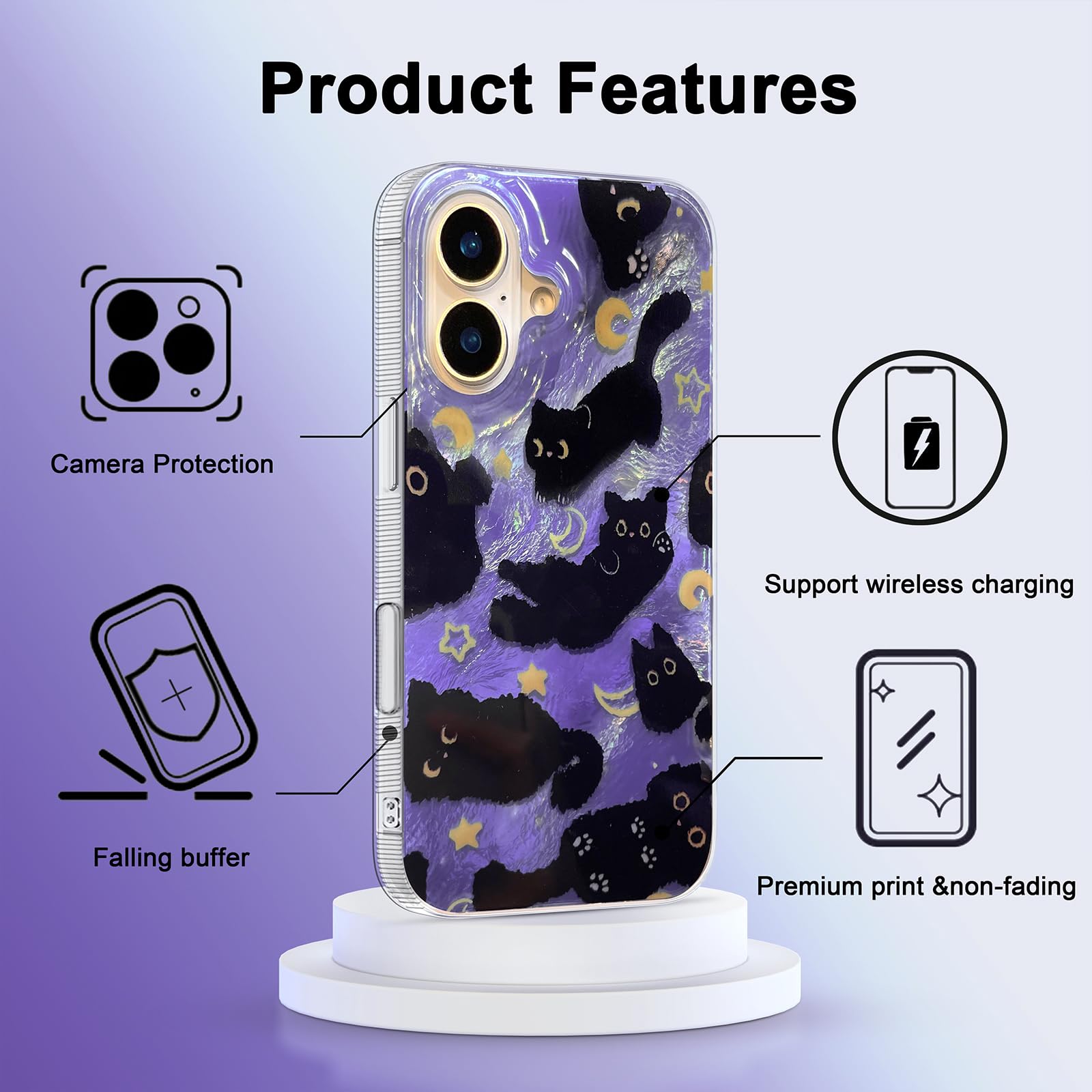 Amazon.com: buccilly Compact Case for iPhone 16 Black cat-Purple