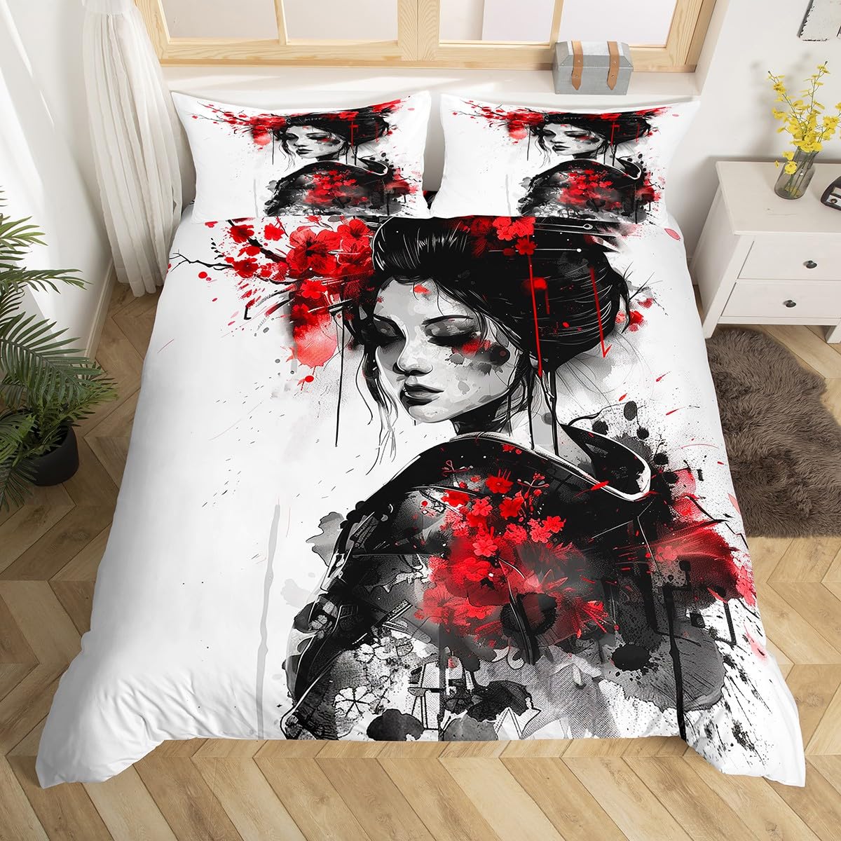 Homemissing Kids Japan Art Geisha Bedding Set Single Size Boys Girls Cherry Blossoms Comforter Cover Set Japanese Style Duvet Cover Japanese Tradition Aesthetic Bedspread Cover (No Comforter) - Image 2