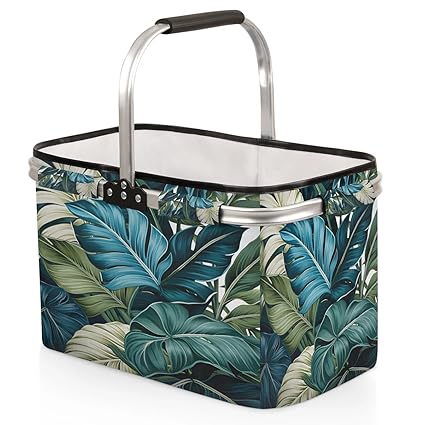 Kizmoglux Blue Green Leaves Collapsible Market Basket, Foldable Picnic Basket - Large Shopping Basket with Handles, Portable Folding Bag for Shopping Camping Picnic