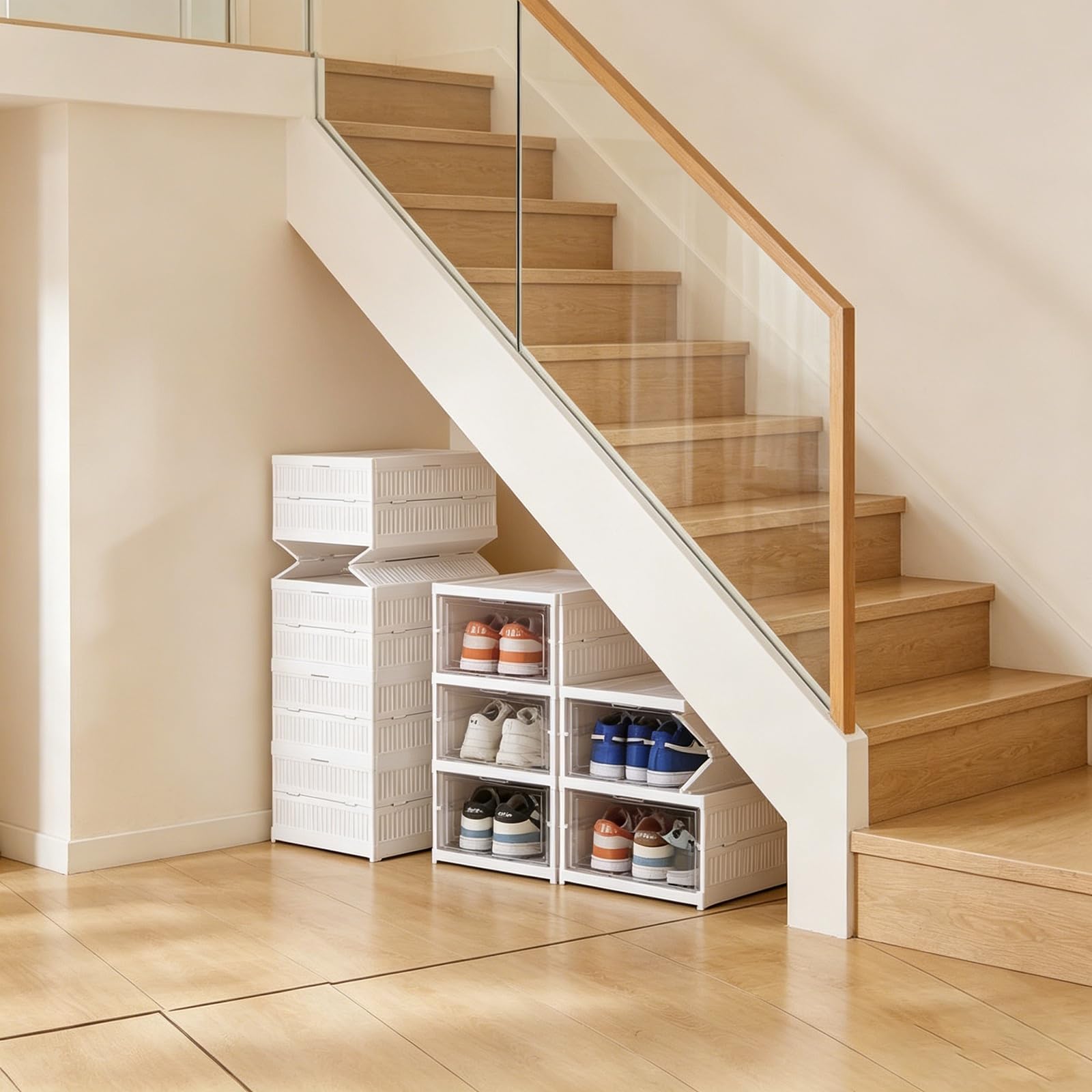 TYNGBT 6-Tier Collapsible Shoe Organizer, Clear Foldable Storage Boxes for Closet, Entryway, and Dorm Use