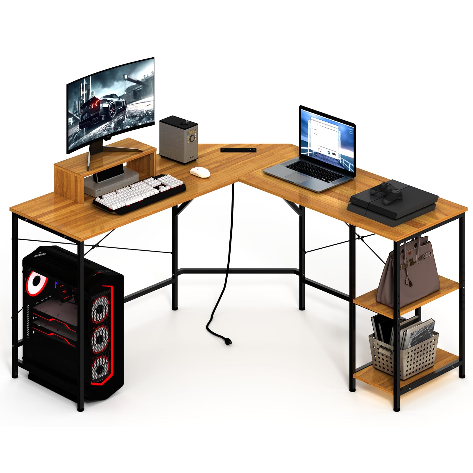 Maxtown L Shaped Desk with Power Outlets, Large Computer Desk with Monitor Stand & Storage Shelves, Home Office Desk Corner Desk Gaming Desk, Teak