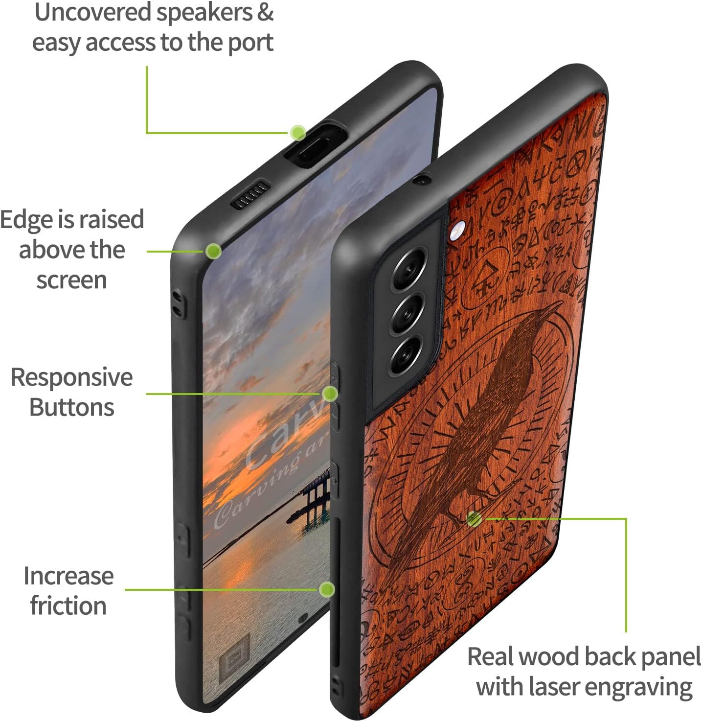 Carveit Wood Case for Galaxy S21 FE [Natural Wood & Soft TPU] Shockproof Protective Cover Compatible With Samsung S21 FE 5G (Witchcraft Raven-Red Wood)