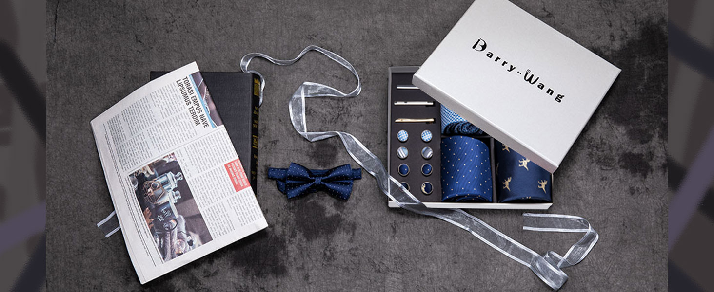 Barry. Wang Mens 4pcs Dark Purple Tie Hanky Cufflinks Clip Gift Box Set - View #2