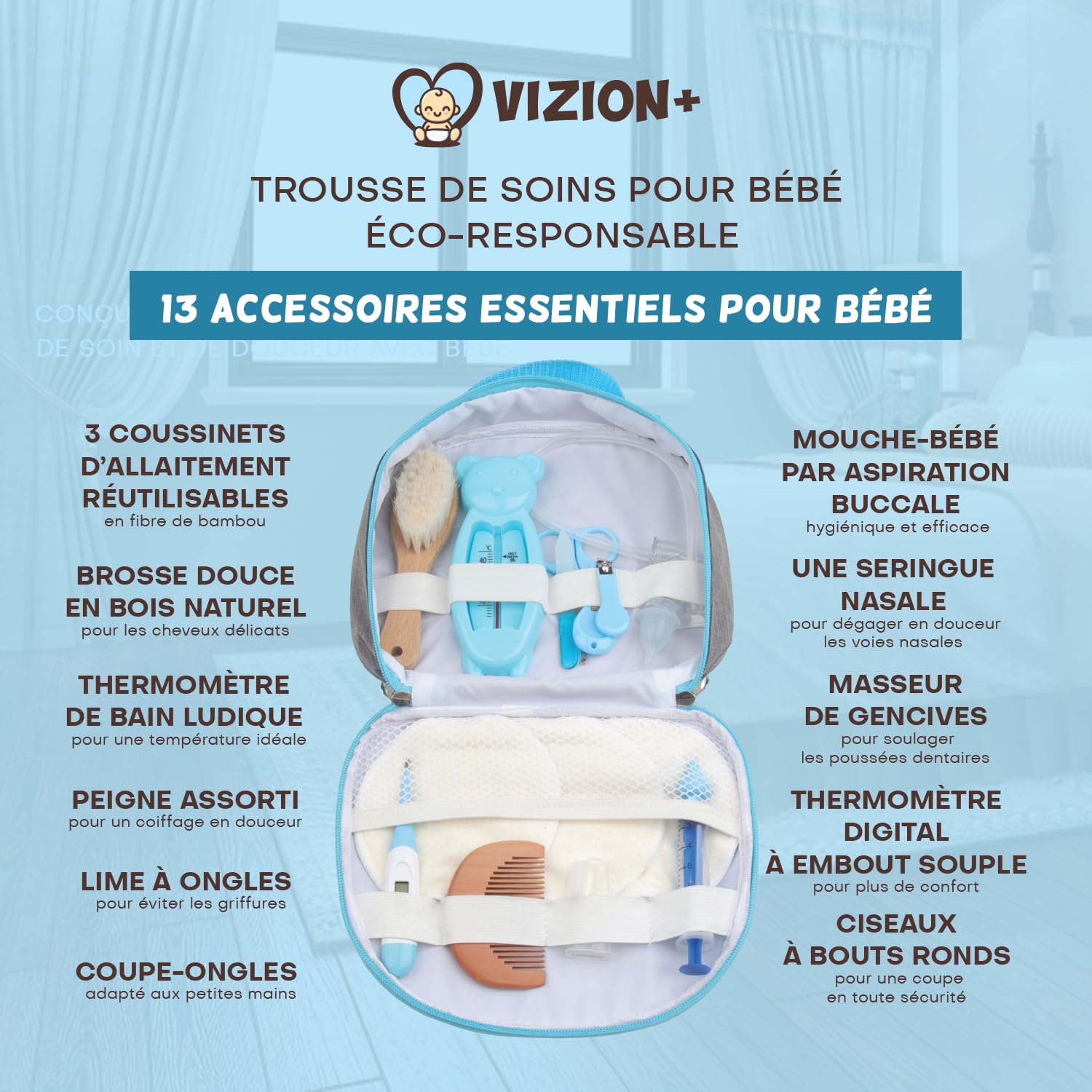 VIZION+ Trousse de Soin bébé – Kit Naissance Complet – 13 Accessoires dont Brosse et Peigne en Bois – Coussinets d’Allaitement en Bambou – Guide Parents Inclus