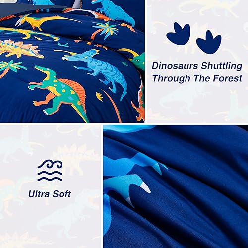 Miniatura 4 de A Nice Night - Juego de ropa de cama con estampado de dinosaurios en azul marino para niños, juego de edredón tamaño individual, ultrasuave con