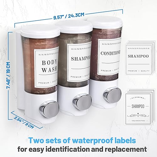 Miniatura 5 de Dispensador de champú y acondicionador de 15.2 fl oz x 3, dispensador de ducha de 3 cámaras sin taladro, dispensador de jabón de ducha montado en la